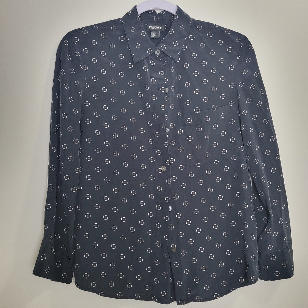 DKNY Silk Black Subtle Pattern‎ Blouse 6 * READ